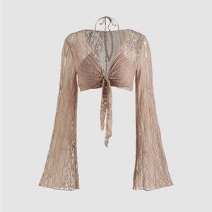 Cider Lace Knotted Bell Sleeve Crop Top